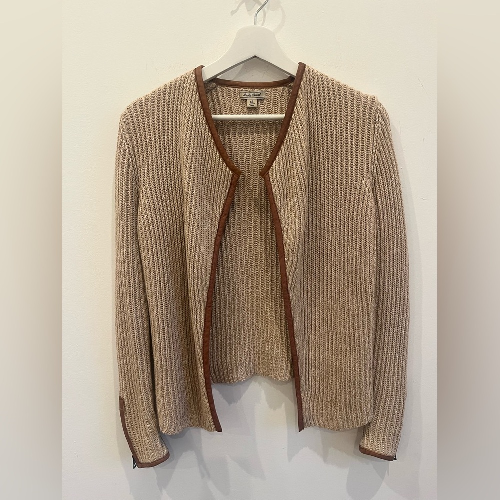 Lucky Brand XS Brown Faux-Leather Trim Cotton Knit Open Front Cardigan earthy